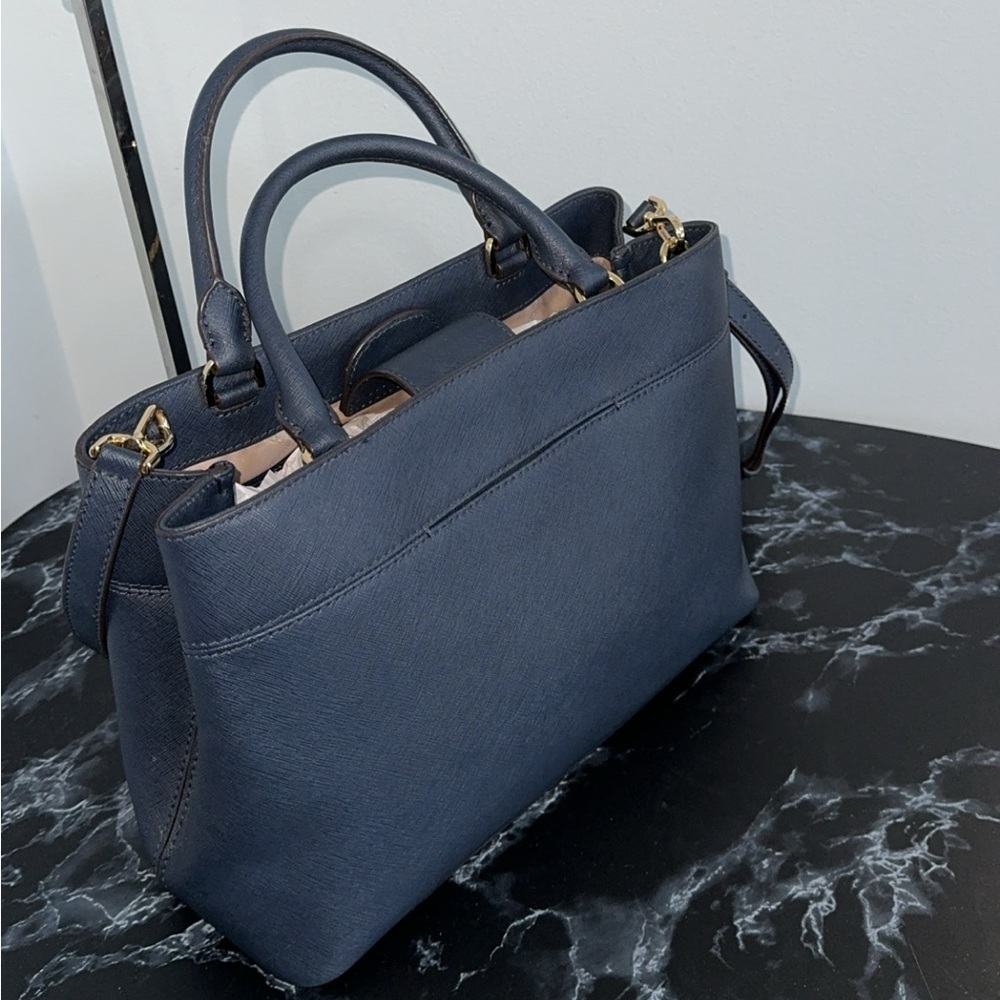 MICHAEL KORS Handbag Crossgrain Leather Navy Large Crossbody Satchel AUTHENTIC - Picture 8 of 12